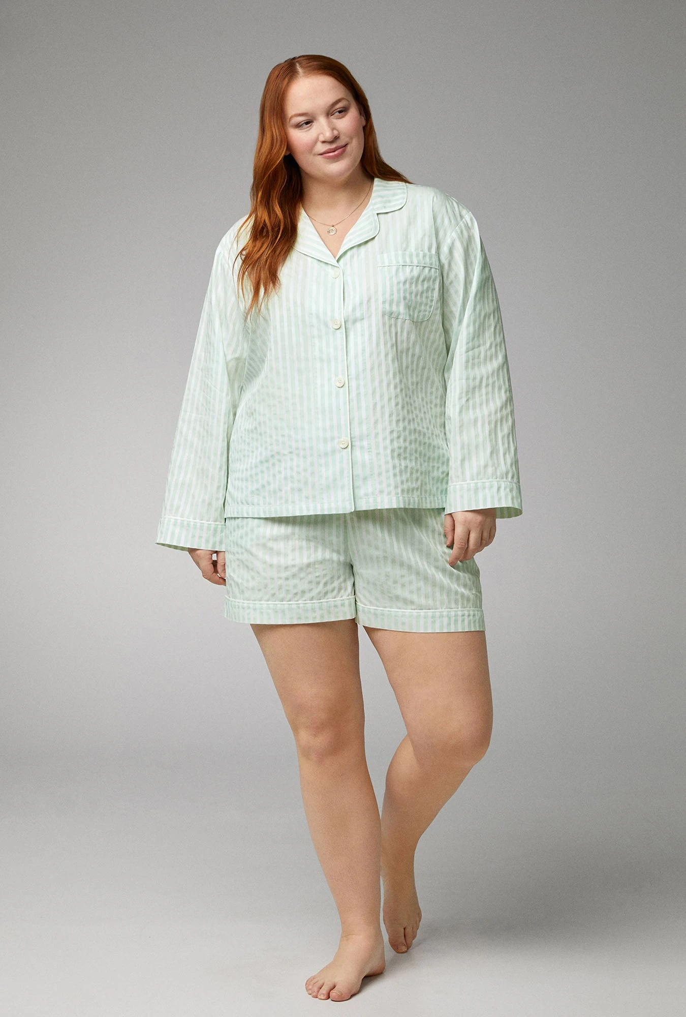 Mint 3D Stripe Long Sleeve Classic Woven Cotton Sateen Shorty PJ Set - Image 5