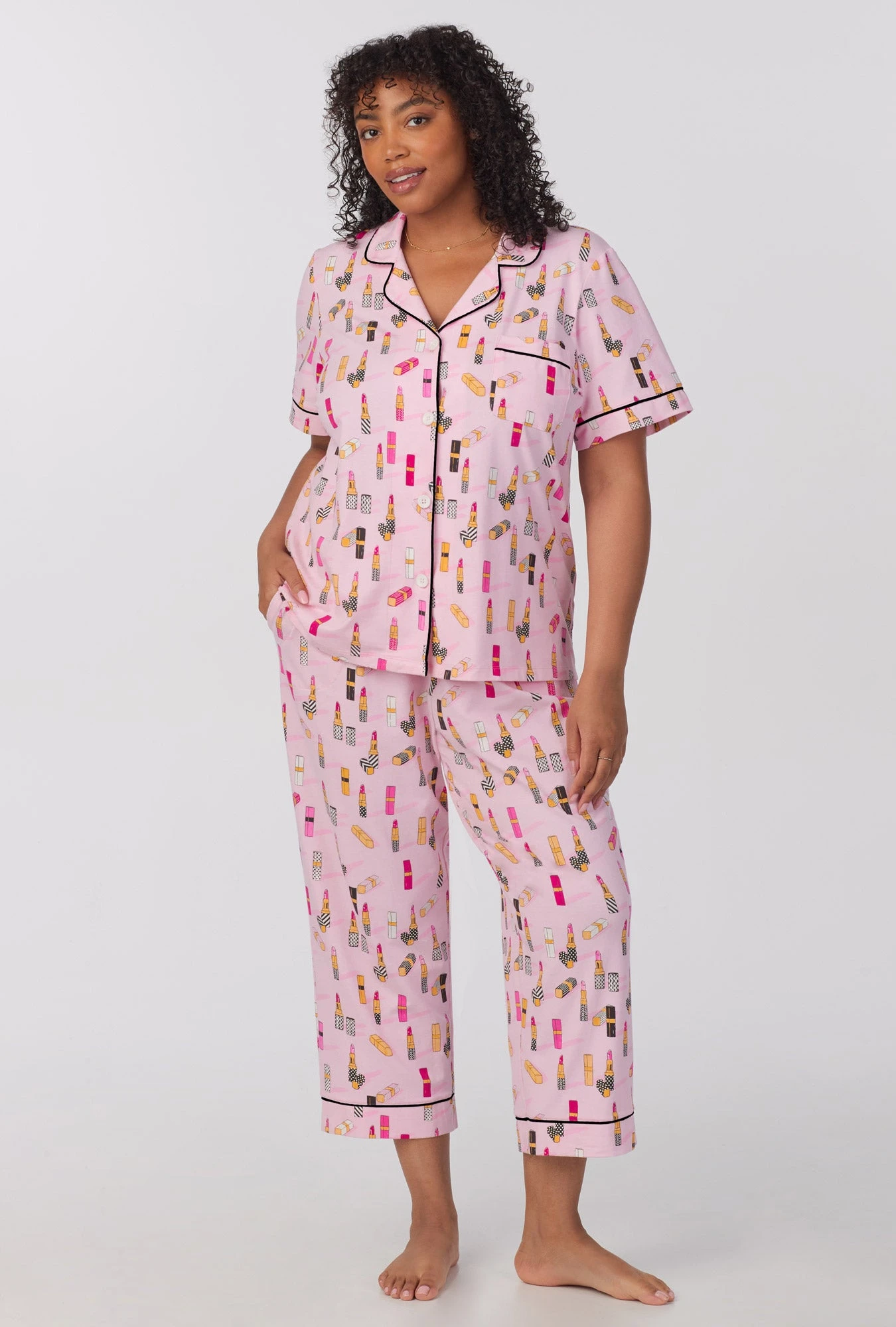 Pretty In Pink Short Sleeve Classic Stretch Jersey Cropped PJ Set 4 Pretty In Pink Short Sleeve Classic Stretch Jersey Cropped PJ Set - Image 4