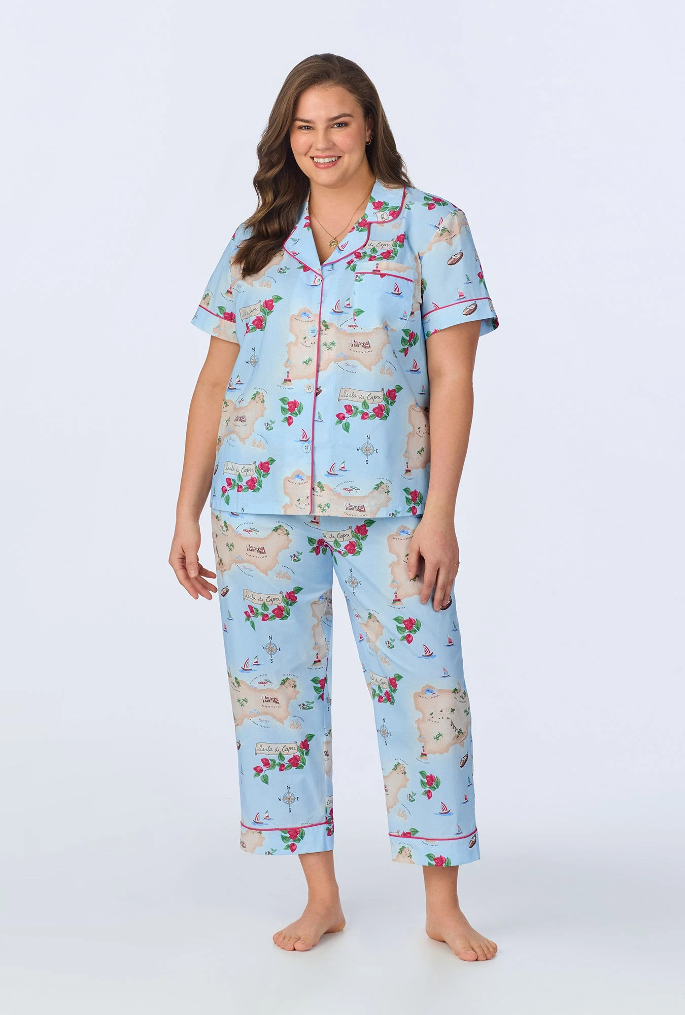 Ciao Capri Short Sleeve Classic Woven Cotton Poplin Cropped PJ Set 4 Ciao Capri Short Sleeve Classic Woven Cotton Poplin Cropped PJ Set - Image 4