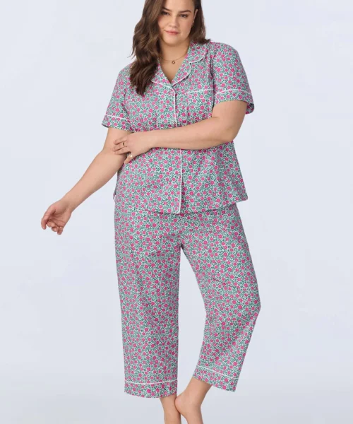 Petite Petunias Short Sleeve Classic Woven Cotton Poplin Cropped PJ Set -Bedheadpjs Pajama Shop plus size BH270096 1243B PETITE PETUNIAS 176 1
