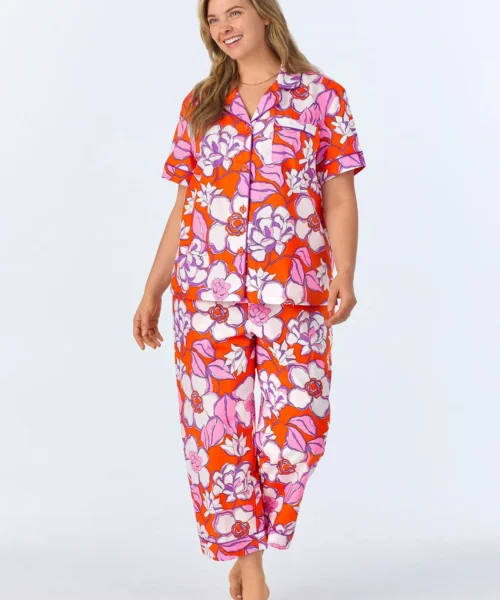 BedHead X Trina Turk Gardenia Short Sleeve Classic Woven Cotton Poplin Cropped PJ Set -Bedheadpjs Pajama Shop plus size BH270109 1265B GARDENIA 365 1