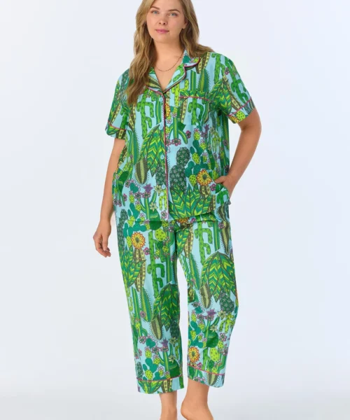 BedHead X Trina Turk Cactus Short Sleeve Classic Woven Cotton Poplin Cropped PJ Set -Bedheadpjs Pajama Shop plus size BH270109 2905B CACTUS 398 1