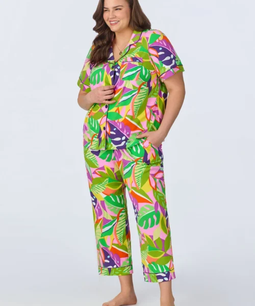 BedHead X Trina Turk Jungle Leaves Short Sleeve Classic Cropped Stretch Jersey PJ Set -Bedheadpjs Pajama Shop plus size BH270110 1267B JUNGLE LEAVES 862 1