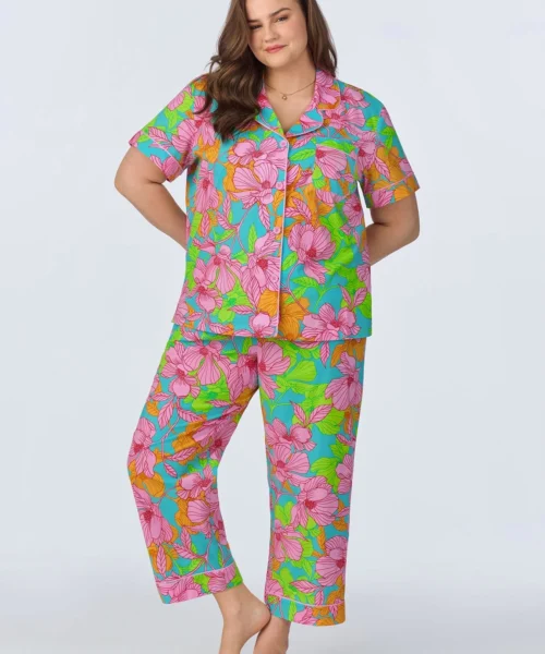 BedHead X Trina Turk Linear Floral Short Sleeve Classic Cropped Woven Cotton Poplin PJ Set -Bedheadpjs Pajama Shop plus size BH270113 1273B LINEAR FLORAL 677 1