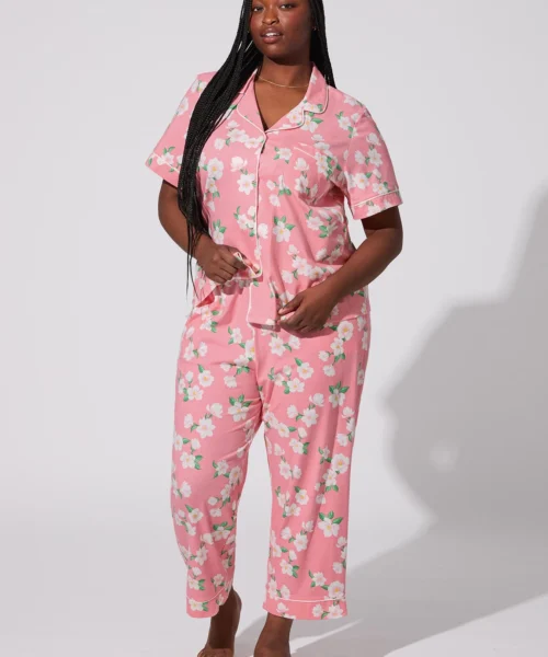 Pink Magnolias Short Sleeve Classic Stretch Jersey Cropped PJ Set 11 Pink Magnolias Short Sleeve Classic Stretch Jersey Cropped PJ Set -Bedheadpjs Pajama Shop plus size BH270115 1295B PINK MAGNOLIAS 012 1
