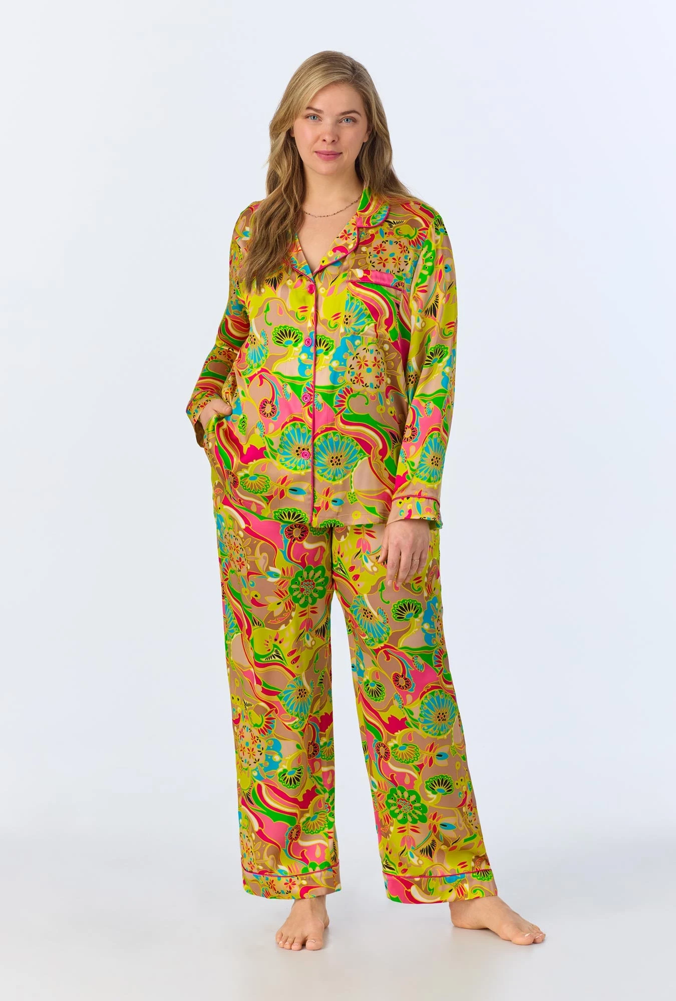 BedHead X Trina Turk Heritage Long Sleeve Classic Woven Washable Silk Satin PJ Set - Image 6